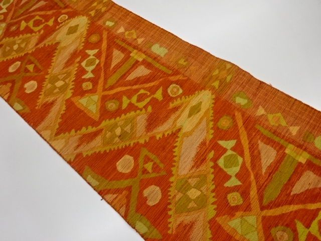 リサイクル　手織り真綿紬抽象模様織出し名古屋帯